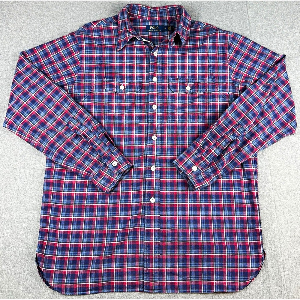 Polo Ralph Lauren Mens L US-RL Naval Res Plaid Vented Work Shirt Military